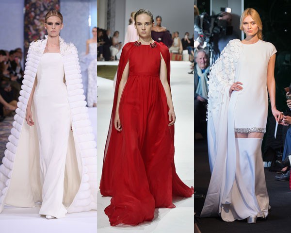 A capa usada de três formas diferentes em Ralph & Russo, Giambattista Valli e Stéphane Rolland (Foto: Getty Images) A capa usada de três formas diferentes em Ralph & Russo, Giambattista Valli e Stéphane Rolland (Foto: Getty Images)