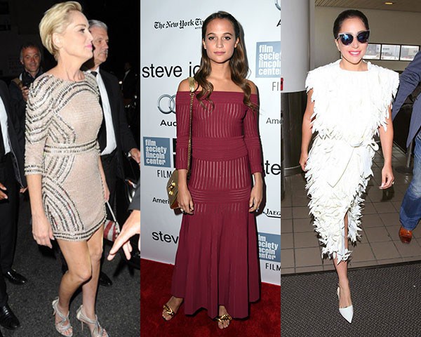 Sharon Stone, de Patricia Bonaldi; Alicia Vikander, de Barbara Casasola; Lady Gaga, de Lenny Niemeyer (Foto: Getty/ Divulgação)