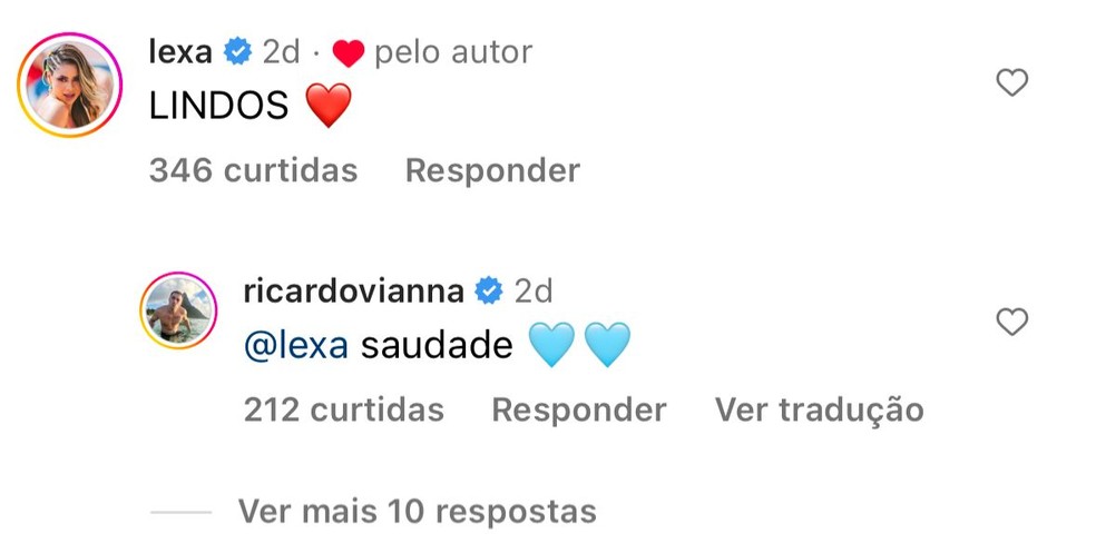 Interação de Lexa e Ricardo Vianna nas redes sociais — Foto: Reprodução/Instagram